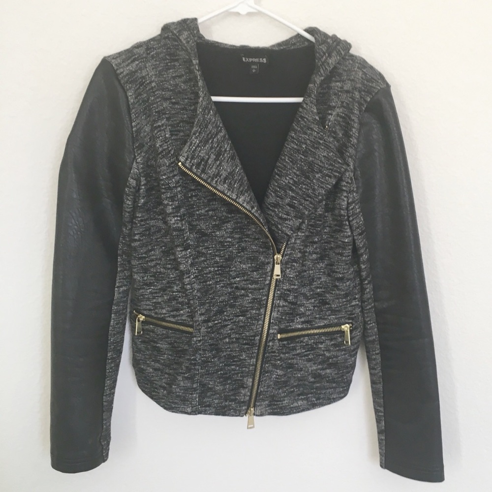 Express Leather Motorcycle Black Jacket Hood Zip S